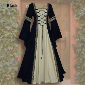European American Women’s Gothic Retro Long Dress Square Neck Bell Sleeve Lace-Up Spandex Costume Set