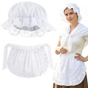 European Style Vintage Maid Hat and Apron Set White Lace Trimmed Polyester Cosplay Costume