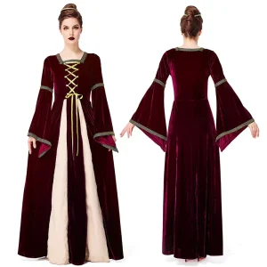 European Vintage Medieval Velvet Gown Bell-Sleeve Lace-Up Royal Court Dress