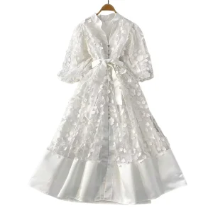 European and American court style white embroidered long outer wear dress