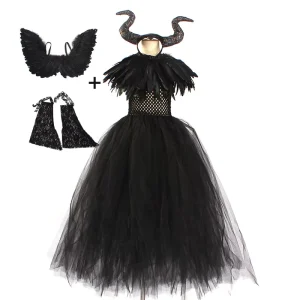 Evil Queen Witch Dress up Cosplay Costume Tulle Dress Halloween Maleficent Costume for Girls