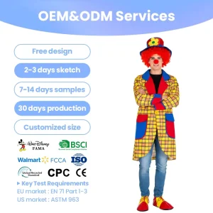 FAMA Audited Factory Verified Adult Clown TV & Movie Halloween Costume Set with Suits Pants Unisex Polyester Global Compliance