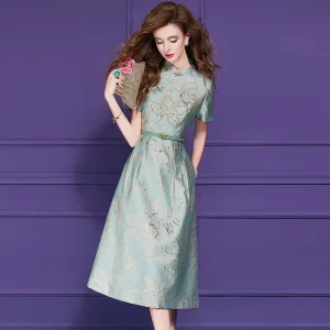 FMY63983 Factory Summer Traditional Chinese Style Cheongsam Qipao Solid Blue Polyester Slim Fit Knee Length Party Dress for