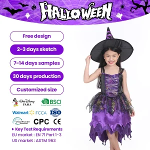 Factory Custom Children’s Purple Witch Costume Dress, Western Style