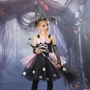 Factory Price Polyester Costumes for Kids Girls Halloween Witch Princess Dress for Cosplay Party