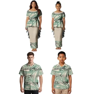 Family 4-Piece Custom Samoan Puletasi Skirts and Aloha Shirt Matching Outfits