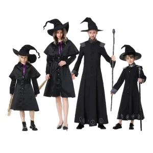 Family Witch and Wizard Costume Set for Adults and Kids with Black Robes and Hats