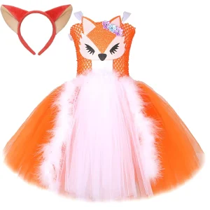 Fancy Girls Layered Dresses Children Performance Halloween Costumes Fox Cosplay Tutu Dress for Kids