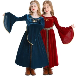Fancy Girls Medieval Renaissance Dress Velvet Maxi Flare Sleeve Vintage Princess Costumes Halloween Carnival Party Dress
