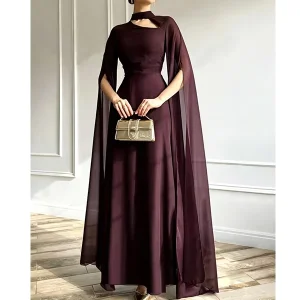 Fashion Design Solid Color Elegant Cutout Cape Sleeve Cinched Waist Flared Maxi Party Evening Gown Dress