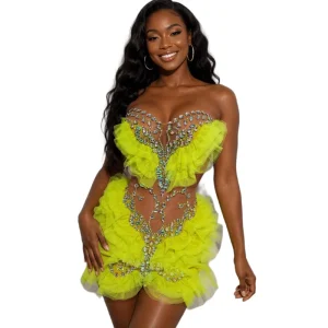 Fashion Strapless Crystal Night Club Prom Mini Dress Women Mesh Ruffles Evening Banquet Bodycon Dress Party Wear Female Outfit