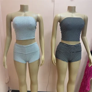 Fashion Striped Pattern Shorts 2 Pcs Sets Women Off Shoulder Crop Top and Rolled Bodycon Shorts Streetwear Outfits