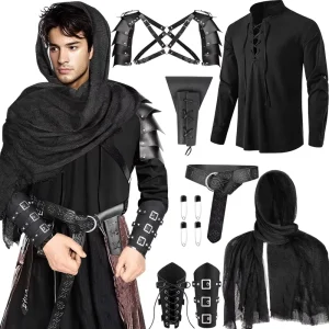 Fasouna 7 Pcs Men’s Renaissance Costume Set Medieval Pirate Shirt Viking Shawl Belt Shoulder Armor Sword Bag Cosplay Halloween