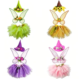 Flower Witch Costume Set with Hat, Wings and Mesh Tutu Skirt