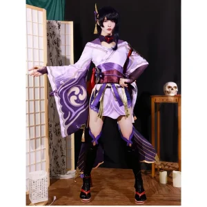 Genshin Impact Female Character Raiden Shogun Cosplay Outfit Belusiburu Dress Baal Wig Kimono Bow Belted Skirt Uniform Rol