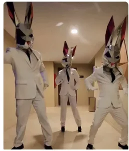 Geometric Bunny Mask White Suit Costume Full Set Rabbit Performer Outfit ForBar Mall Event Parade Wedding LiveStage Performance