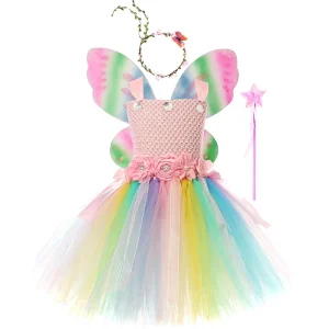 Girl Princess Dress up Fairy Costume Cosplay Set Tulle Tutu Dress with Butterfly Wing Headband Party Costume