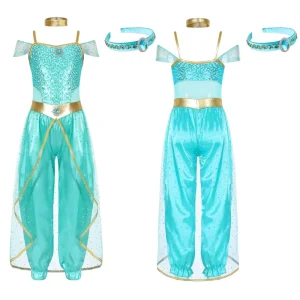 Girls’ 2-Piece Arabian Princess Cosplay Costume with Long Jumpsuit, Choker and Gem Headwear for Belly Dance, Ages 6-16