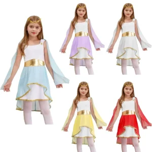 Girls’ Ancient Greek Princess Toga Costume with Wreath Headband Set 6-16 Years
