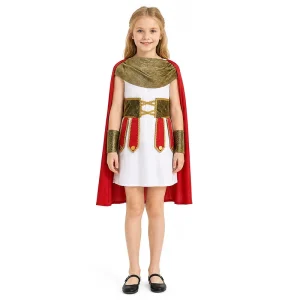 Girls’ Ancient Roman Warrior Princess Costume Dress with Red Cape and Wrist Cuffs