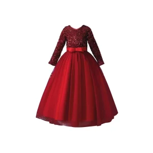 Girls’ Autumn Hand Smocked ODM Children’s Dress Princess Little Host Sequin Satin Wedding Puffy Dress European American Style