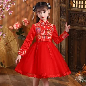 Girls’ Autumn Winter Chinese-Style Tang Costume Princess Dress with Fleece Top and Pants XL