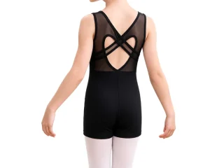 Girls Black Mesh Back Ballet Leotard with Shorts Cross Strap Dance Unitard Kids Gymnastics Dancewear Leotards