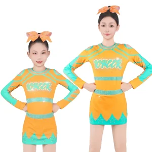Girls Cheer Dance Costume Teens Glittery Rhinestones Cheerleading Uniforms Metallic Patchwork Long Sleeve Cheerlead Dress