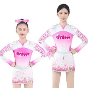 Girls Cheerleading Dress Long Sleeved Pleated Skirt and Pom Pon Prop For Children Cheerleader Sports Performance Festival Costume