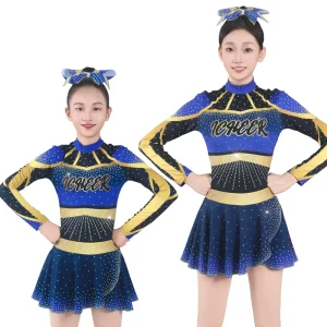Girls Cheerleading Outfit Long Sleeve Letter Print Rhinestone Top with Skirt for Stage Performance