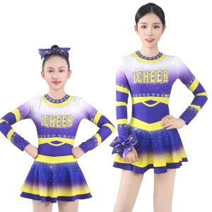 Girls Cheerleading Outfits High School Stage Performance Costume Long Sleeve Letter Print Shiny Rhinestones Top with AB Crystal