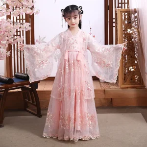 Girls’ Children’s Hanfu Tang Suit Dress Spring Summer Autumn Floral Pattern Polyester Princess Costume