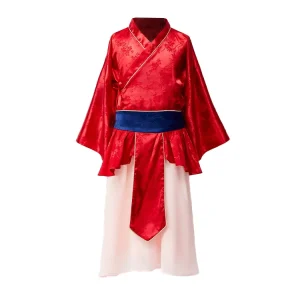 Girls Chinese Hanfu Mulan Princess Costume Red Top Beige Skirt Floral Pattern with Umbrella Accessory