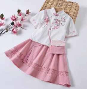 Girls Chinese Style Hanfu Set Vintage Floral Embroidery Top Skirt Outfit with Bag