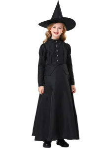 Girls’ Classic Witch Costume Set Black Dress with Pointed Hat & Ruffled Sleeves for Halloween & Stage Performance