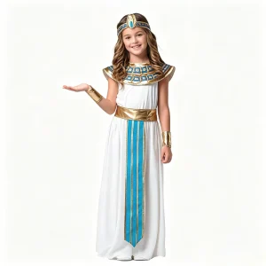 Girls Cleopatra Egyptian Costume Ancient Egypt Queen Dress with Headpiece and Cuffs for Halloween Cosplay