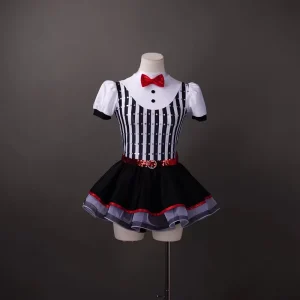 Girls’ Clown Dance Costume Black White Striped Tutu Dress with Bow