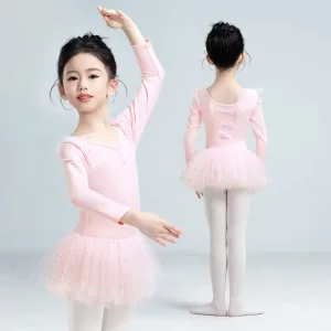 Girls Cotton Long Sleeve With Sequin Ballet Dress Bowknot Dance Leotards with Skirt