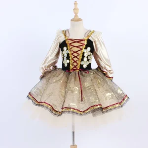 Girls Court-Style Ballet Dress Gold Satin Long-Sleeve Dance Dress Lolita Stage Costume
