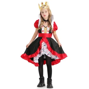 Girls’ Fairy Tale Red Queen Princess Stage Costume with Crown, Necklace and Accessories