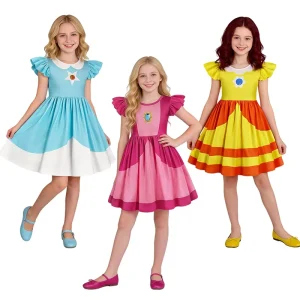 Girls Fairytale Princess Costume Dress Set with Star Gem Crown for Halloween Cosplay