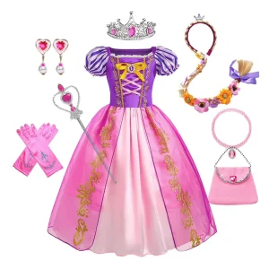 Girls Floral Layered Lace Puff Sleeve Princess Costume Dress Purple and Pink with Accessories for 100-150 cm