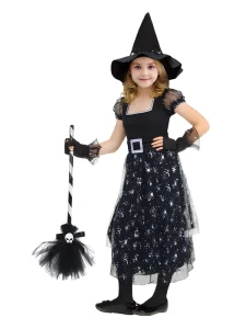 Girls Galaxy Witch Costume Set Starry Black Witch Dress with Hat & Broom for Halloween Dress Up Party