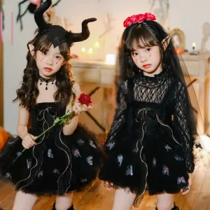 Girls Gothic Dark Fairy Halloween Costume Set with Horns, Veil, Lace Tutu, Elf Ears and Choker