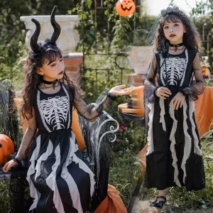 Girls’ Gothic Skeleton Halloween Costume Dress with Veil, Rib Cage Print, Mesh Sleeves, Rose Choker and Cross