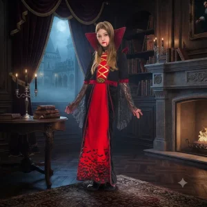 Girls’ Gothic Vampire Dress Costume with High Collar Cape and Choker
