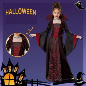 Girls Gothic Vampire Halloween Costume Dress Floor Length Collar Corset Bell Sleeves Damask Cosplay Party Role Play Outfit