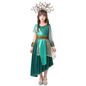 Girls Greek Mythology Gorgon Medusa Cosplay Costume with Snake Headpiece Green Split Long Dress Halloween Party Costume