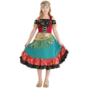 Girls Gypsy Bohemian Style Dress with Gold Tassels and Sequin Trim Kids Flamenco Dance Performance Costume