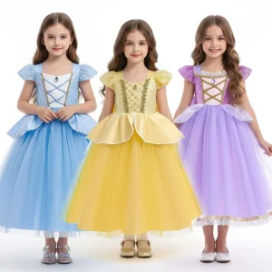 Girls Halloween Birthday Party Princess Dress Yellow Blue Cotton Fairy Tale Costume
